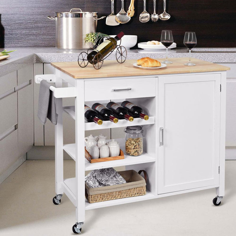 4-Tier Wood Kitchen Island Trolley Cart Storage Cabinet w/ Wine Rack & Drawer HW66112