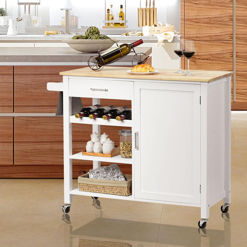 4-Tier Wood Kitchen Island Trolley Cart Storage Cabinet w/ Wine Rack & Drawer HW66112