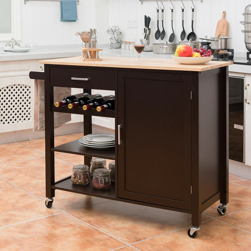 4-Tier Wood Kitchen Island Trolley Cart Storage Cabinet w/ Wine Rack & Drawer HW66112