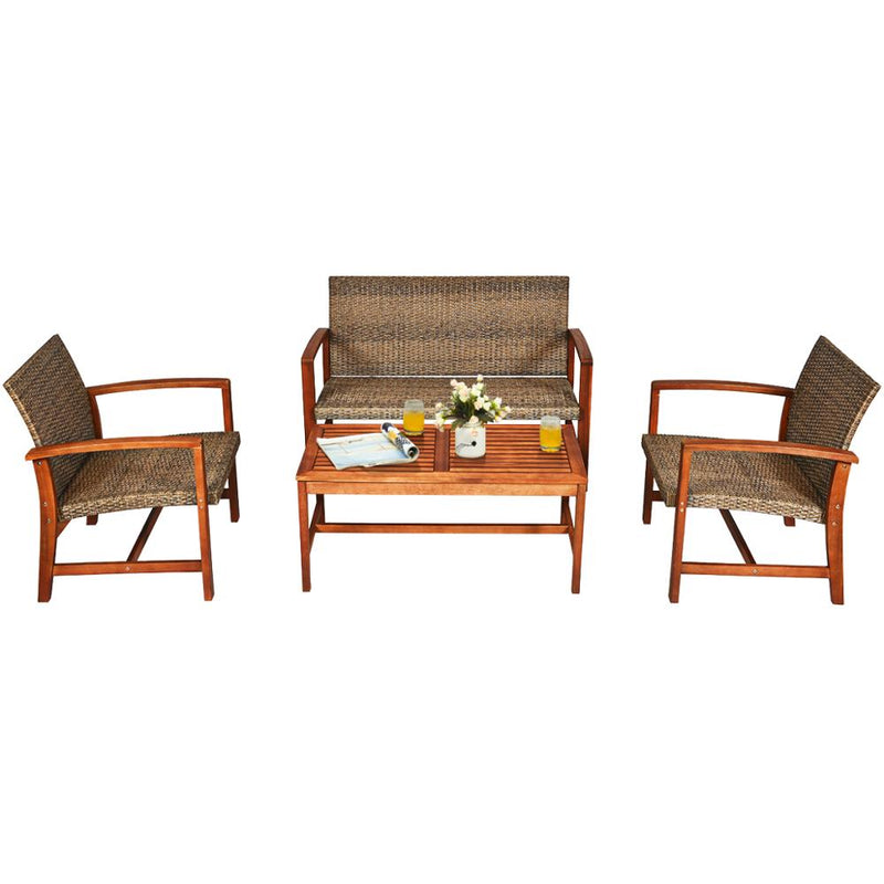 4PCS Outdoor Patio Rattan Furniture Set Acacia Wood Frame Sofa Loveseat Garden