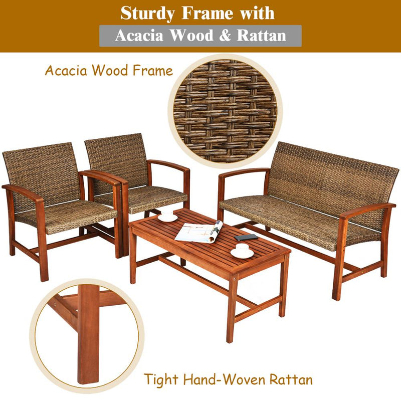 4PCS Outdoor Patio Rattan Furniture Set Acacia Wood Frame Sofa Loveseat Garden