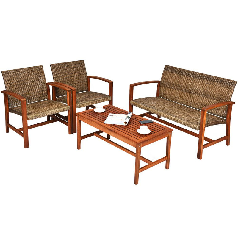 4PCS Outdoor Patio Rattan Furniture Set Acacia Wood Frame Sofa Loveseat Garden