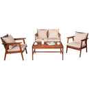 4PCS Patio Rattan Furniture Set Acacia Wood Frame Cushioned Sofa Chair Garden HW66517+