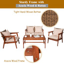4PCS Patio Rattan Furniture Set Acacia Wood Frame Cushioned Sofa Chair Garden HW66517+