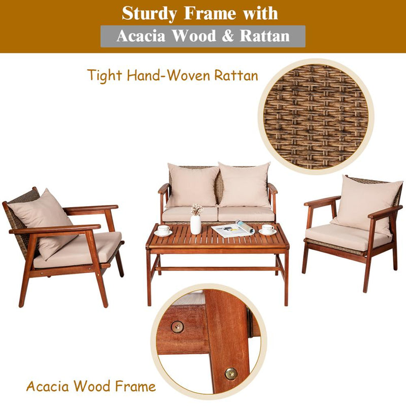 4PCS Patio Rattan Furniture Set Acacia Wood Frame Cushioned Sofa Chair Garden HW66517+