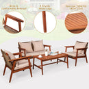 4PCS Patio Rattan Furniture Set Acacia Wood Frame Cushioned Sofa Chair Garden HW66517+