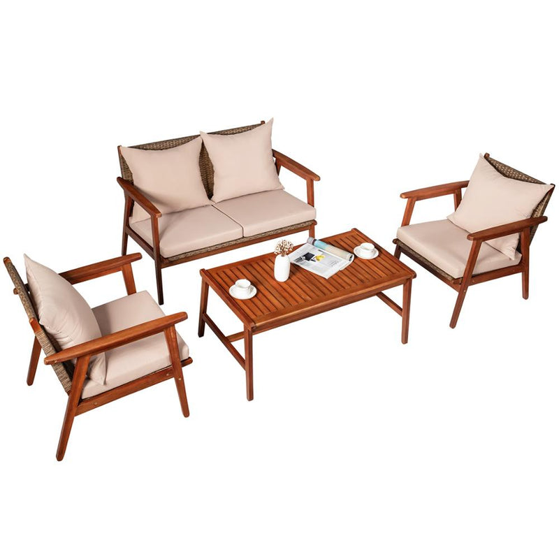 4PCS Patio Rattan Furniture Set Acacia Wood Frame Cushioned Sofa Chair Garden HW66517+