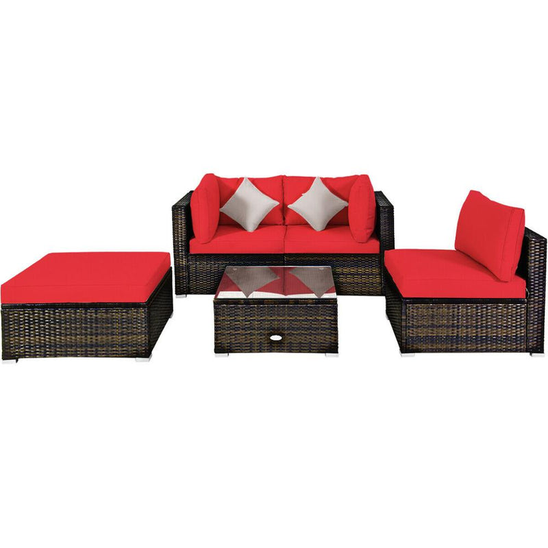 5PCS Outdoor Patio Rattan Furniture Set Sectional Conversation W/Red Cushions HW63849RE+