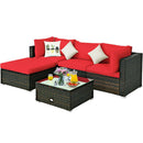 5PCS Outdoor Patio Rattan Furniture Set Sectional Conversation W/Red Cushions HW63849RE+