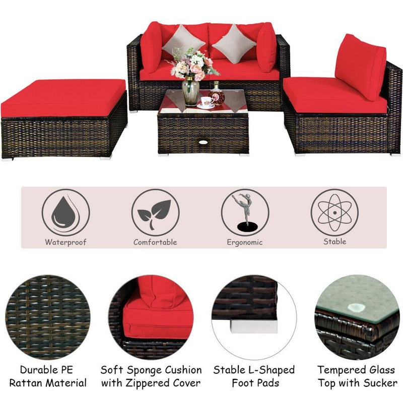 5PCS Outdoor Patio Rattan Furniture Set Sectional Conversation W/Red Cushions HW63849RE+