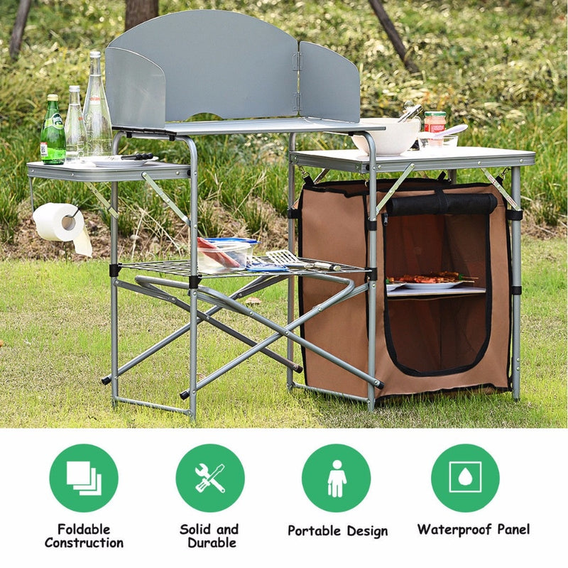 Foldable Camping Table Outdoor BBQ Portable Grilling Stand w/Windscreen Bag Outdoor Furniture OP3689
