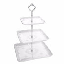 3 Tier White Dessert Cake Tower Stand 14.5" Tall Porcelain Server Display Holder w/ Silver Handle