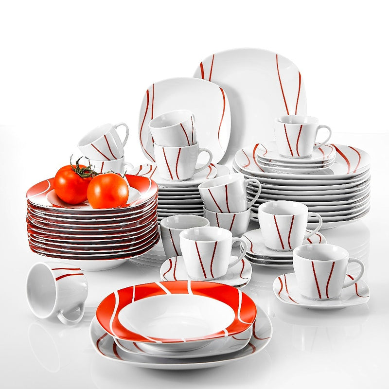 60 Piece Red Stripe Ivory White Porcelain Dinner Set