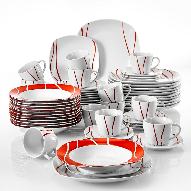 60 Piece Red Stripe Ivory White Porcelain Dinner Set