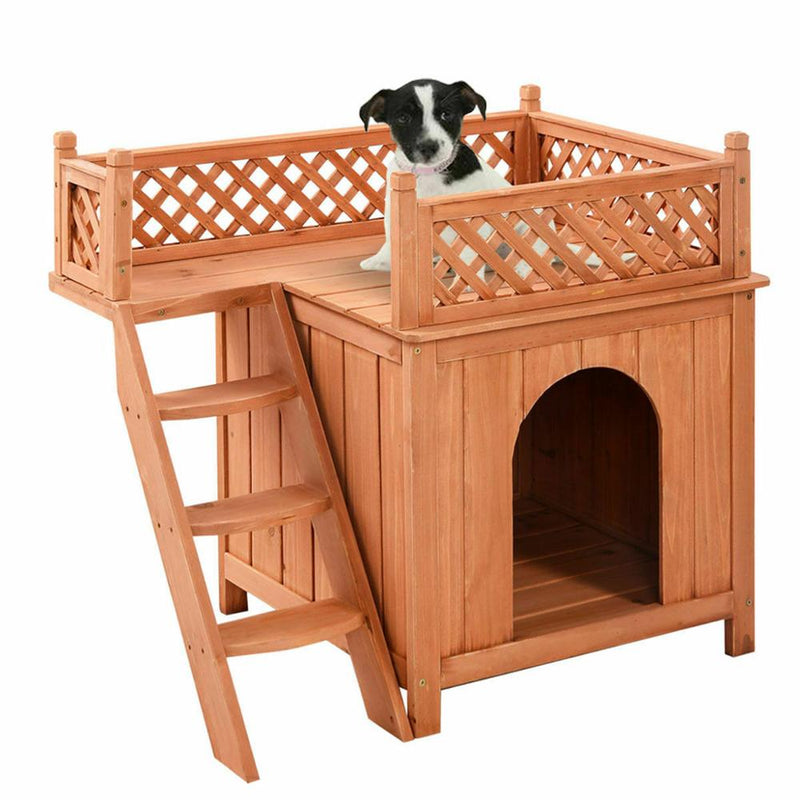 Wooden Puppy Pet Dog House Wood Room In/outdoor Raised Roof Balcony Bed Shelter