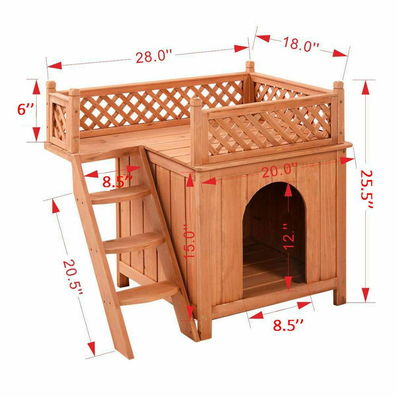 Wooden Puppy Pet Dog House Wood Room In/outdoor Raised Roof Balcony Bed Shelter