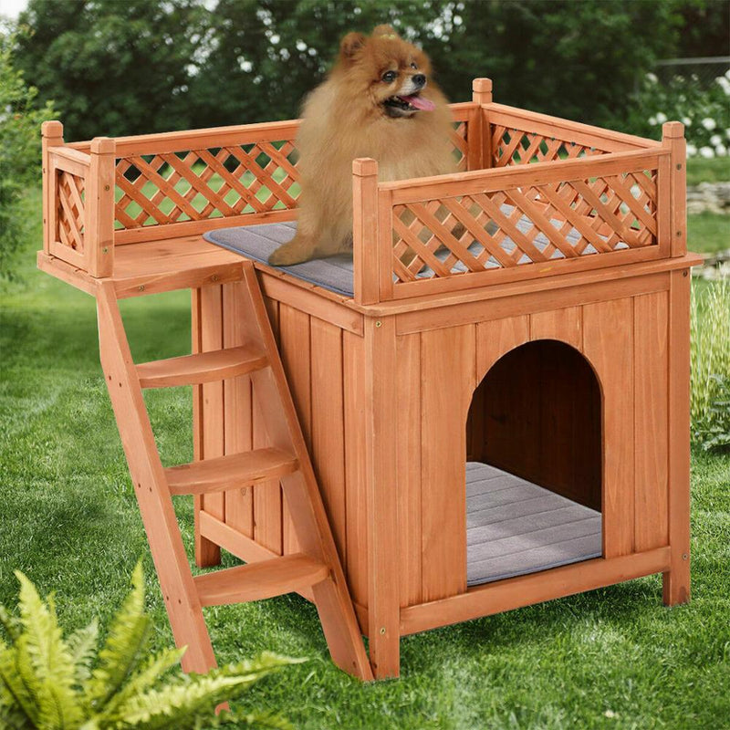 Wooden Puppy Pet Dog House Wood Room In/outdoor Raised Roof Balcony Bed Shelter