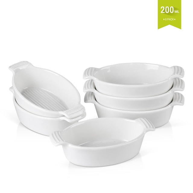 6/12-Piece 200ML Ceramic White Porcelain Bake Plate Dishes with Handle,Pie Baking Pans
