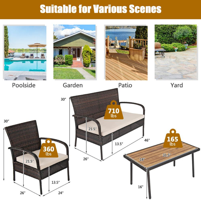 4PCS Patio Rattan Furniture Set Outdoor Conversation Set Coffee Table w/Cushions HW66527