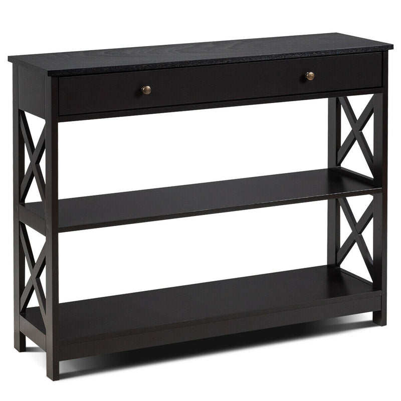 3-Tier Console Table X-Design Sofa Entryway Table with Drawer & Shelves HW66090