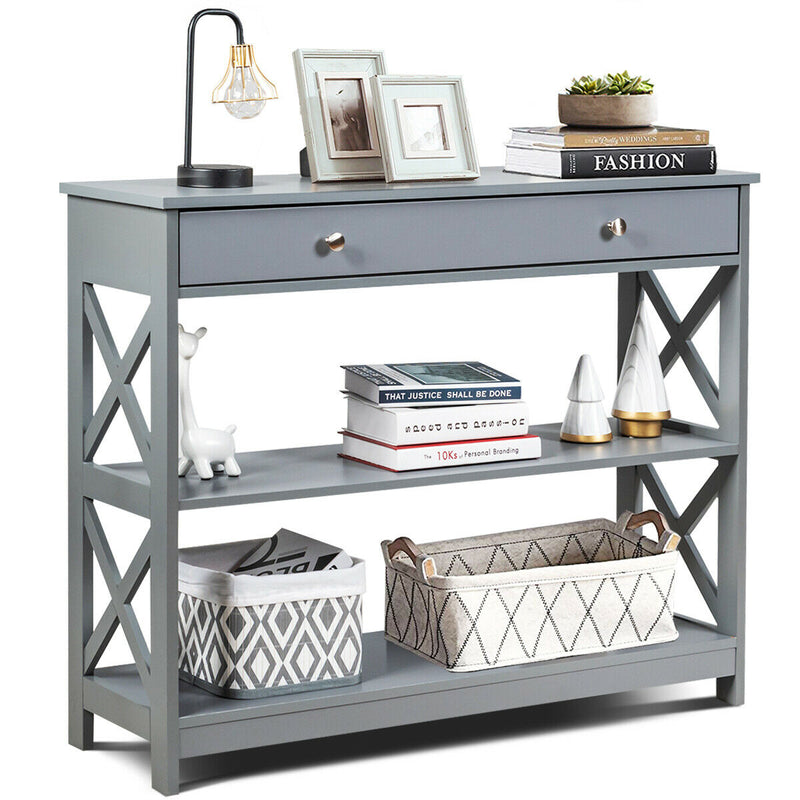 3-Tier Console Table X-Design Sofa Entryway Table with Drawer & Shelves HW66090