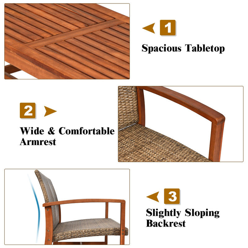 4PCS Outdoor Patio Rattan Furniture Set Acacia Wood Frame Sofa Loveseat Garden