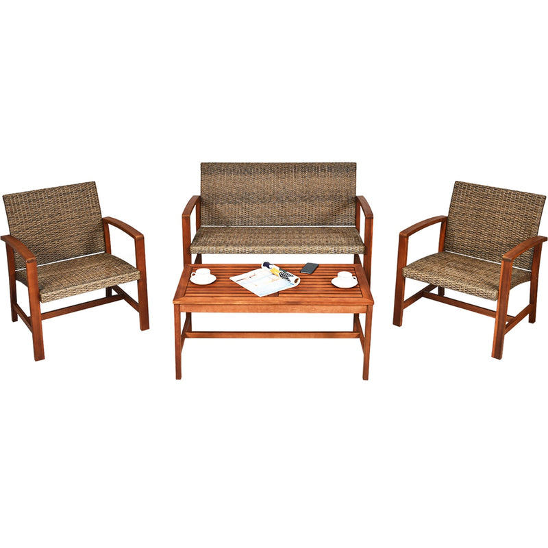 4PCS Outdoor Patio Rattan Furniture Set Acacia Wood Frame Sofa Loveseat Garden