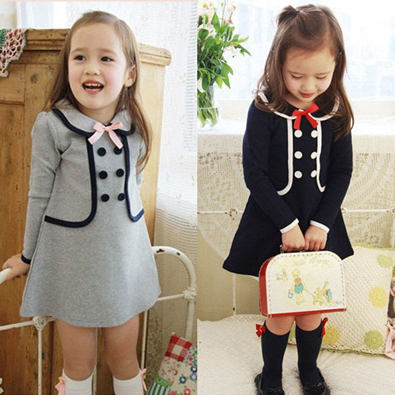 Baby Girls Clothing Long-Sleeved Fake 2 Piece Dress Fashion Dress With Bowknot Kids Dresses