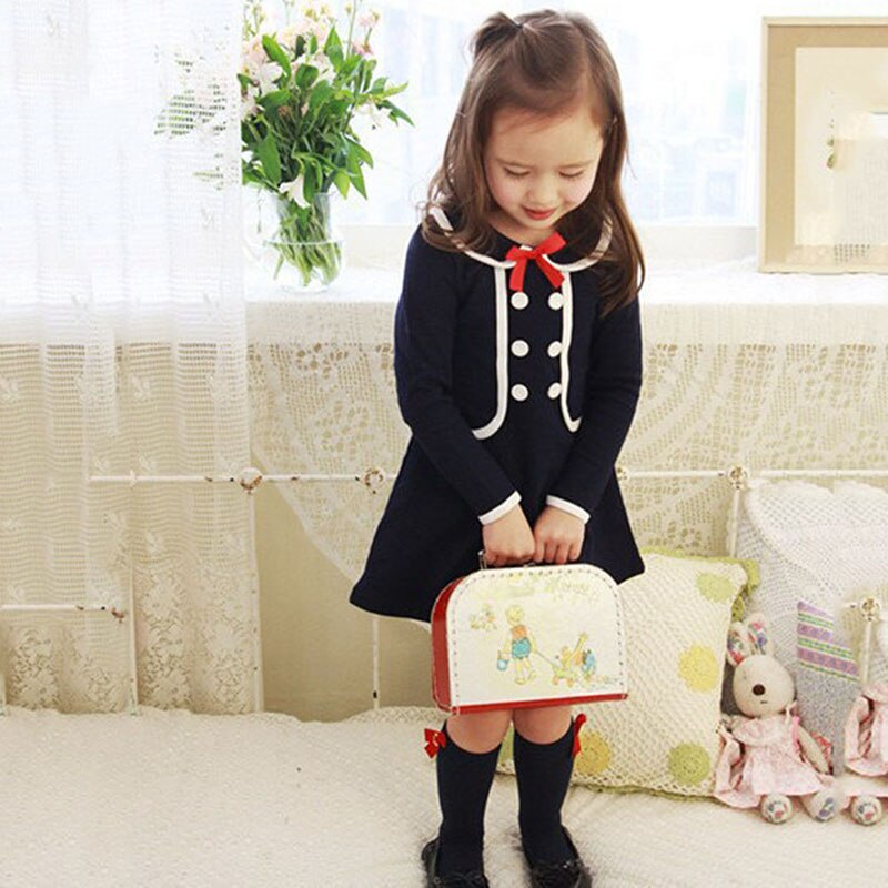 Baby Girls Clothing Long-Sleeved Fake 2 Piece Dress Fashion Dress With Bowknot Kids Dresses