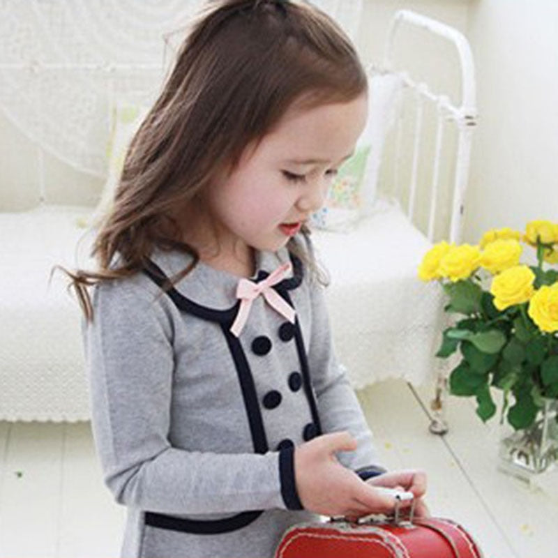 Baby Girls Clothing Long-Sleeved Fake 2 Piece Dress Fashion Dress With Bowknot Kids Dresses