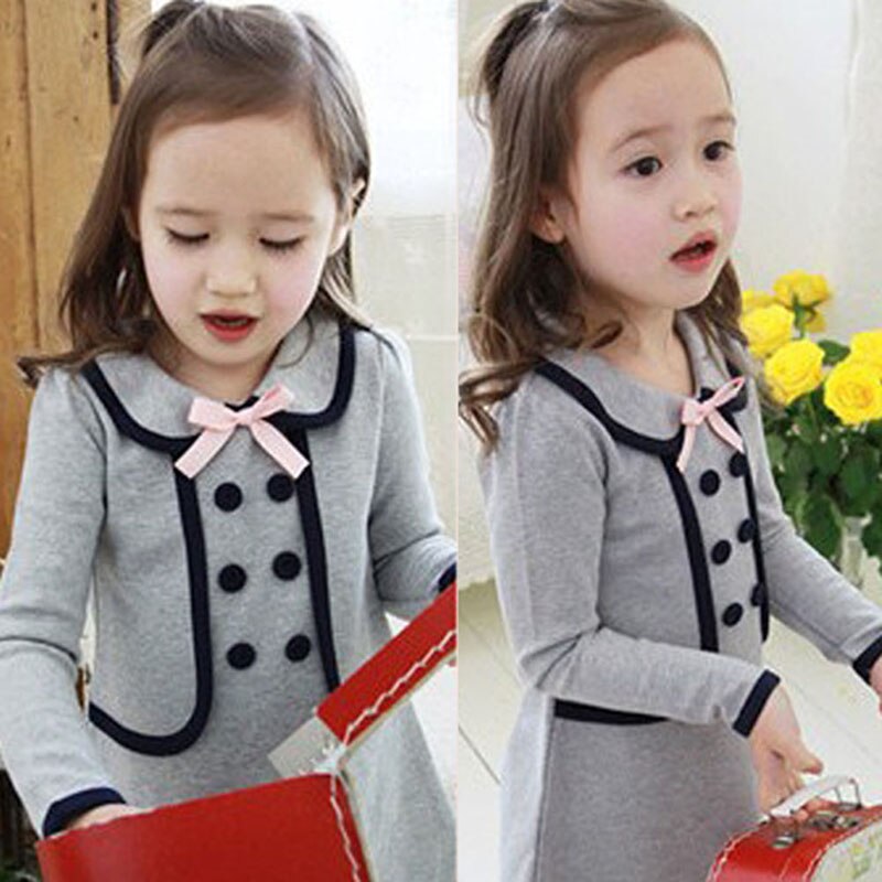 Baby Girls Clothing Long-Sleeved Fake 2 Piece Dress Fashion Dress With Bowknot Kids Dresses