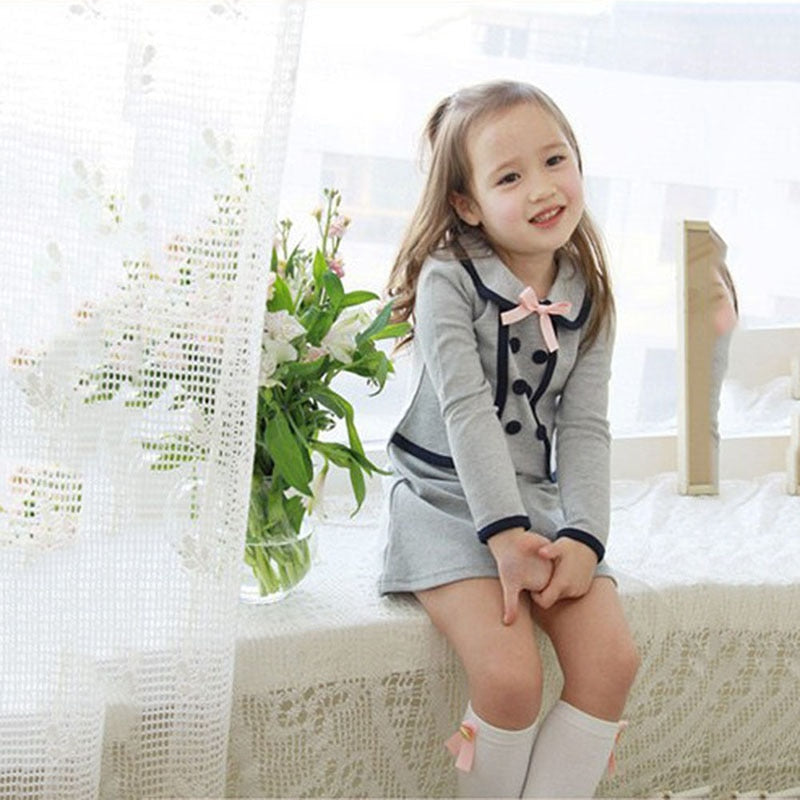 Baby Girls Clothing Long-Sleeved Fake 2 Piece Dress Fashion Dress With Bowknot Kids Dresses