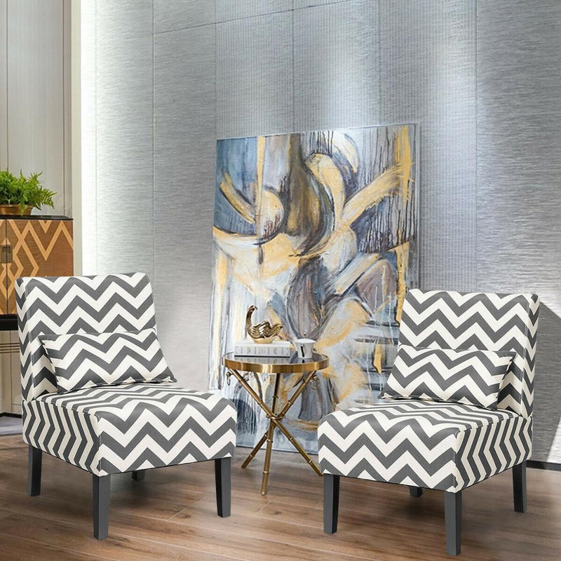 Set of 2 Armless Accent Chairs for Living Room  with Lumbar Pillow Gray Chevron