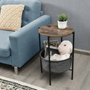 Industrial Round End Side Table Sofa Coffee Table w/ Storage Basket&Metal Frame HW65255