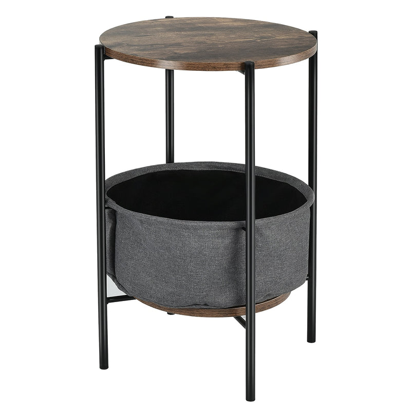 Industrial Round End Side Table Sofa Coffee Table w/ Storage Basket&Metal Frame HW65255