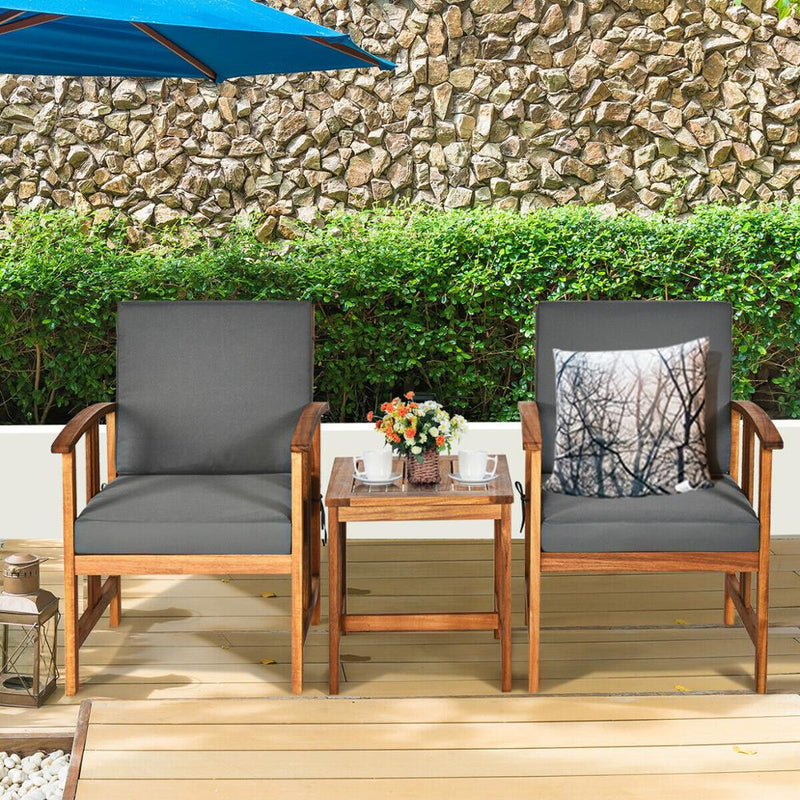 3PCS Outdoor Patio Sofa Furniture Set Solid Wood Cushioned Conversation Set Grey HW63885GR