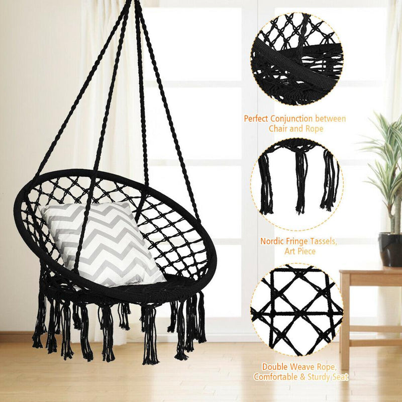 Hanging Hammock Swing Chair Macrame Handwoven Cotton Backrest Garden Black