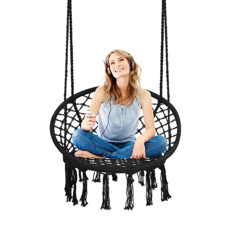 Hanging Hammock Swing Chair Macrame Handwoven Cotton Backrest Garden Black