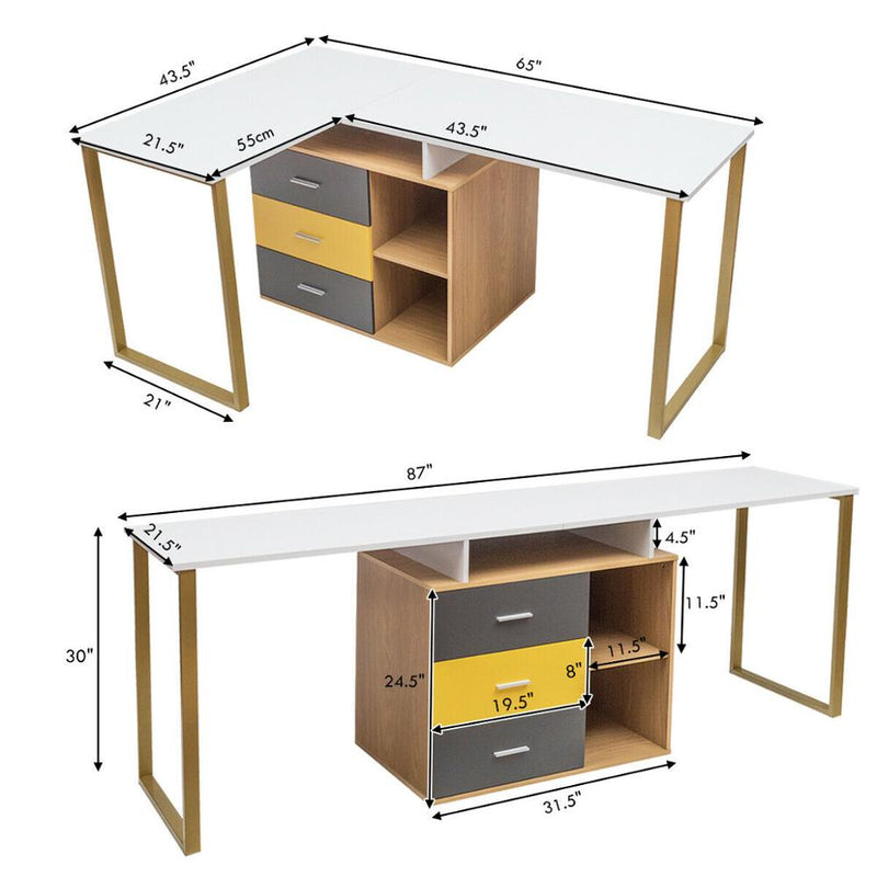 87" Two Person Computer Desk Adjustable L-Shaped Office Desk w/Shelves & Drawers