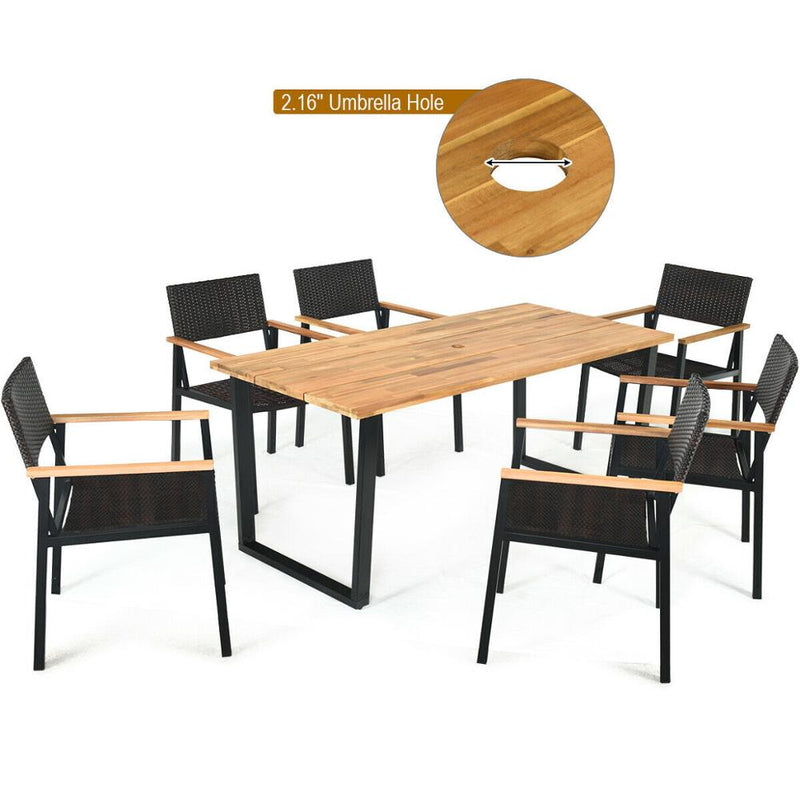 7PCS Outdoor Patio Rattan Dining Chair Table Set Solid Wood Frame Umbrella Hole HW65219+