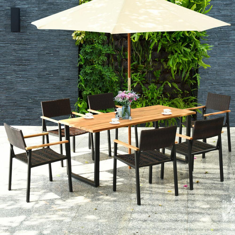 7PCS Outdoor Patio Rattan Dining Chair Table Set Solid Wood Frame Umbrella Hole HW65219+