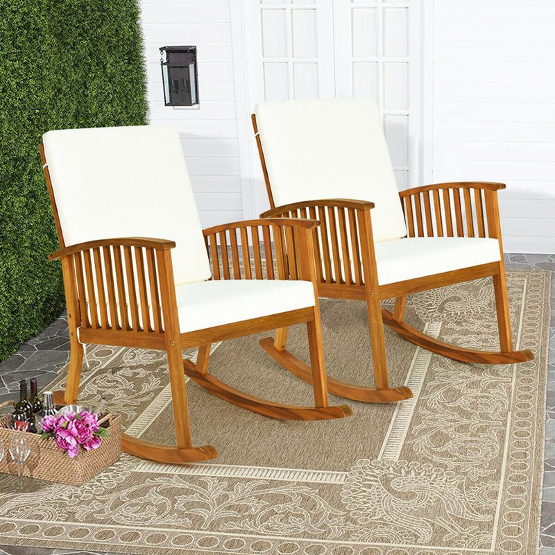 2PC Outdoor Acacia Wood Rocking Chair Patio Backyard Garden Lawn W/ Cushion 2*HW63886