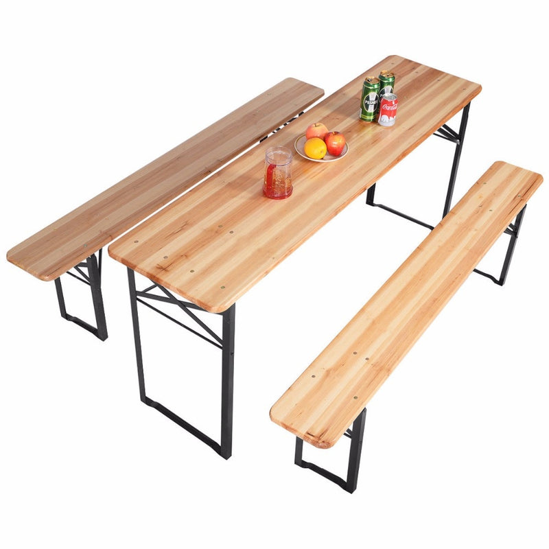 3 PCS Outdoor Wood Picnic Table Beer Bench Dining Set Folding Wooden Top Patio Outdoor Furniture OP2837