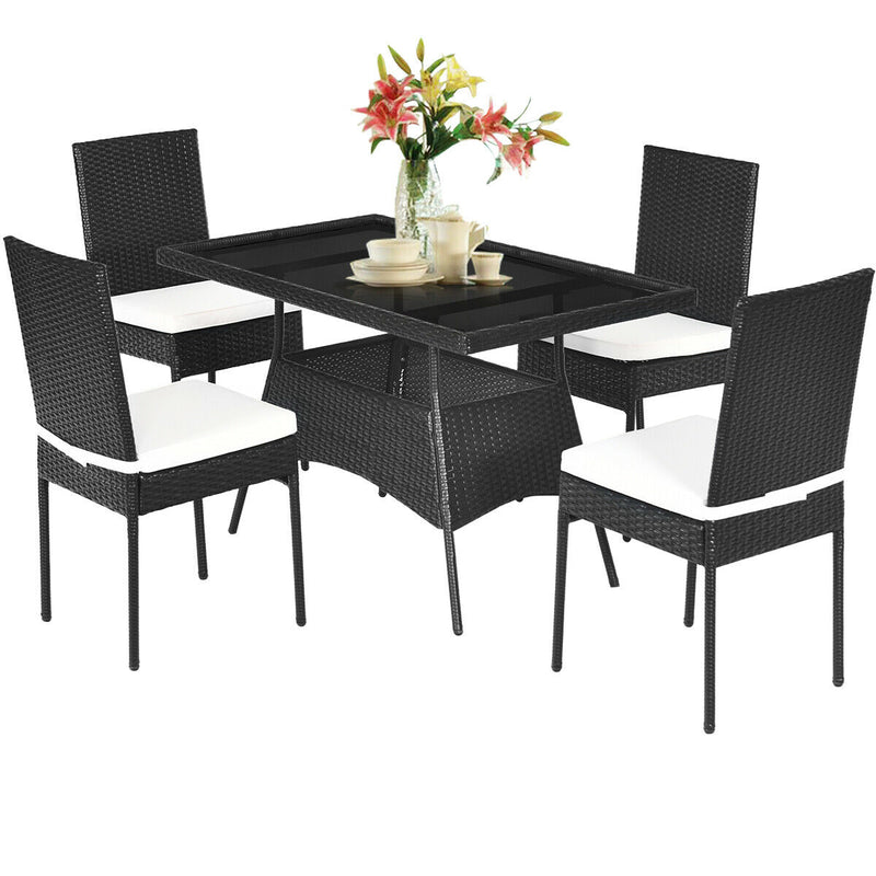 5PCS Patio Rattan Dining Set Cushioned Chair Table w/Glass Top Garden Furniture HW64309+