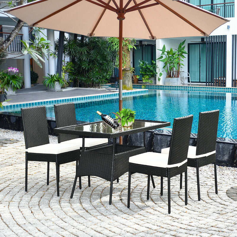 5PCS Patio Rattan Dining Set Cushioned Chair Table w/Glass Top Garden Furniture HW64309+