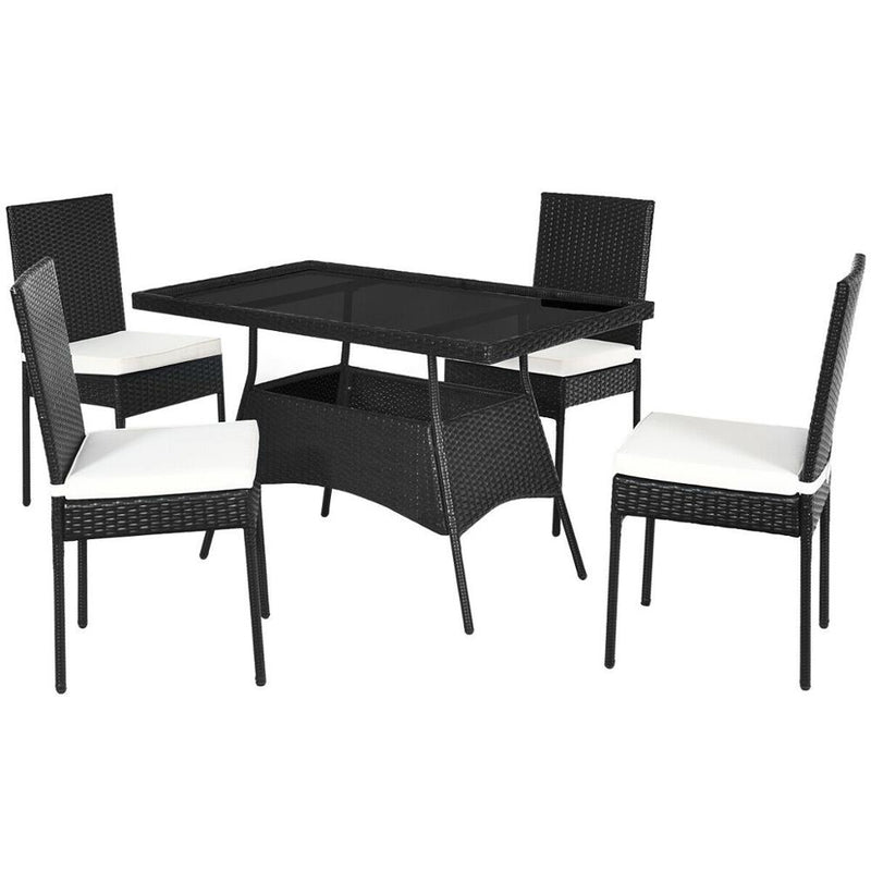 5PCS Patio Rattan Dining Set Cushioned Chair Table w/Glass Top Garden Furniture HW64309+