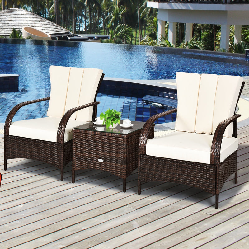 3 PCS Patio Rattan Furniture Set Coffee Table & 2 Rattan Chair with Cushions HW65850