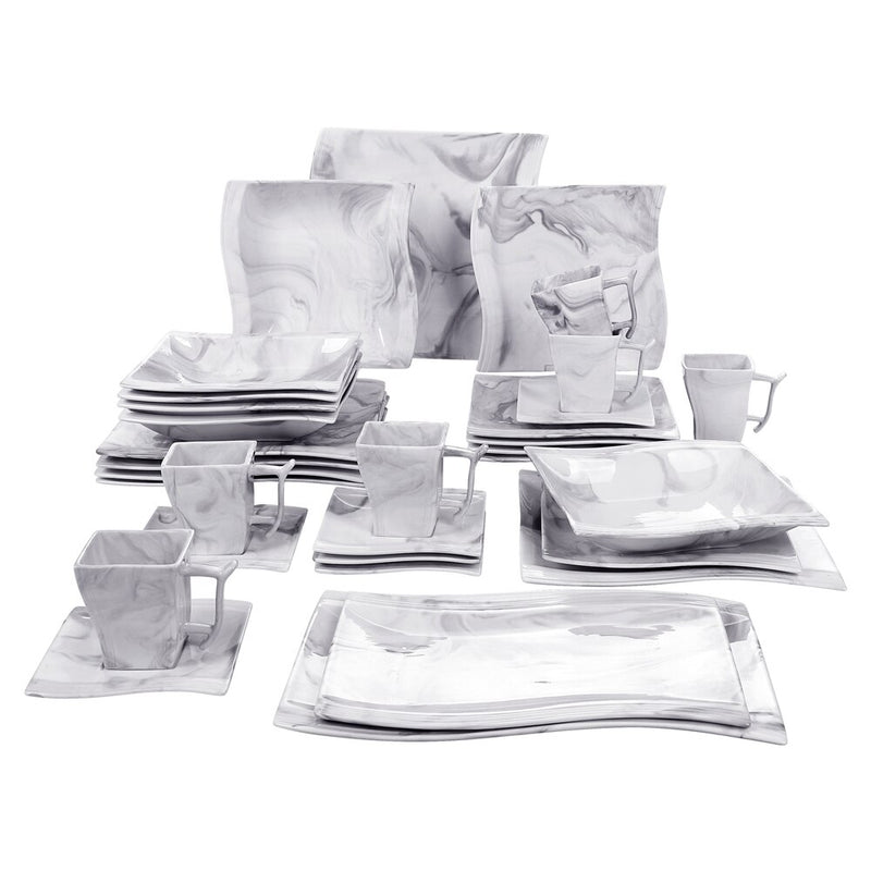 32-Piece Marble Grey Porcelain Dinner Set ,Rectangular Plate