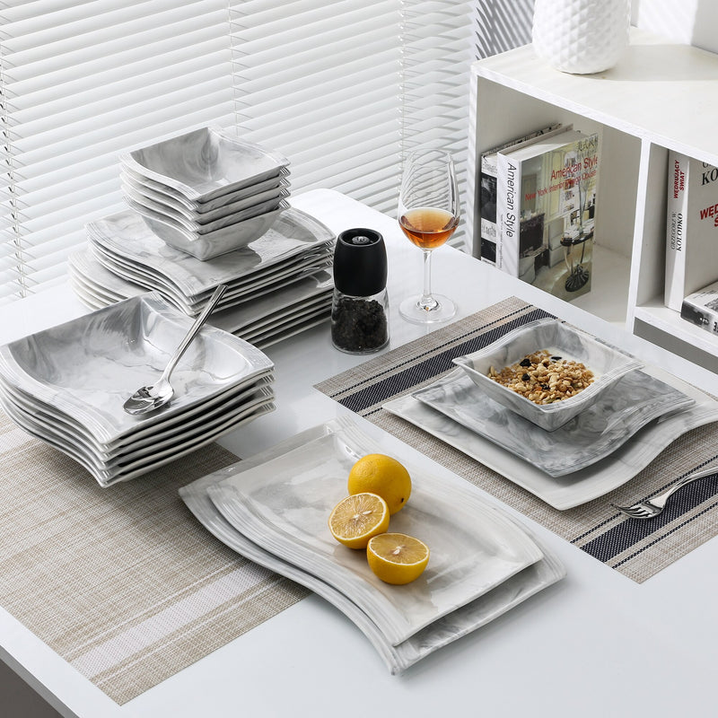 32-Piece Marble Grey Porcelain Dinner Set ,Rectangular Plate