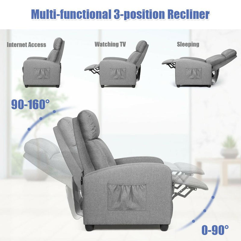 Massage Recliner Chair Single Sofa Fabric Padded Seat Theater Home w/ Footrest Gray